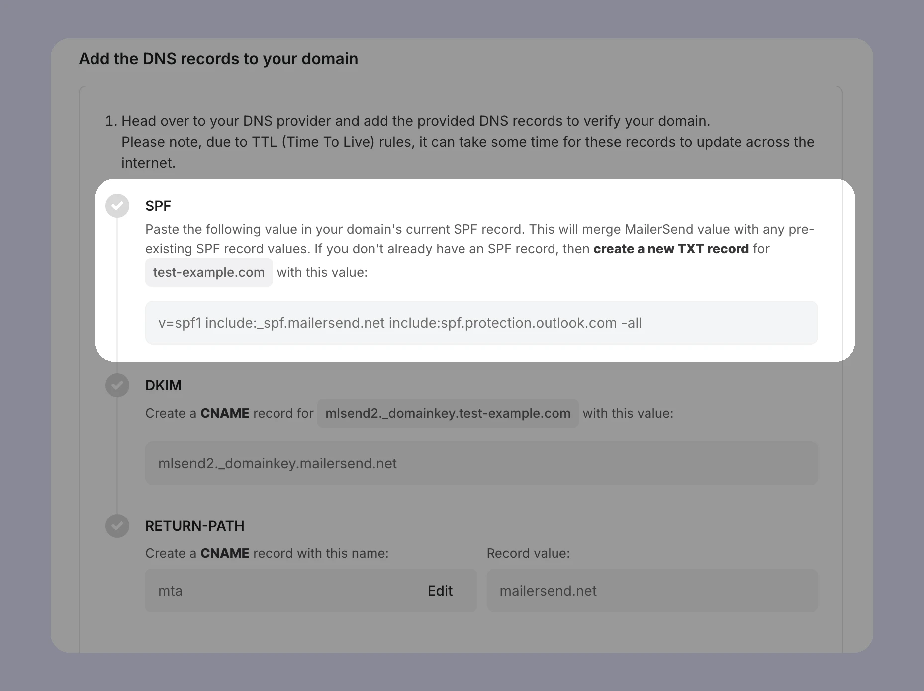 Example of a MailerSend SPF record.