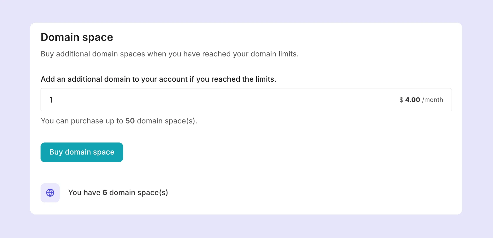 The domain spaces add-on in MailerSend, showing the number of purchased domain spaces,
