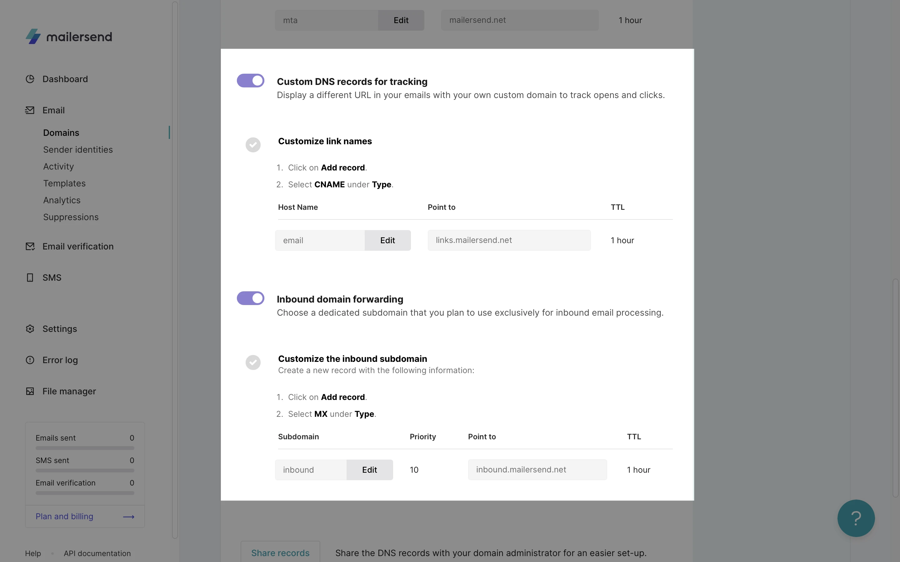 Add custom DNS records in MailerSend.