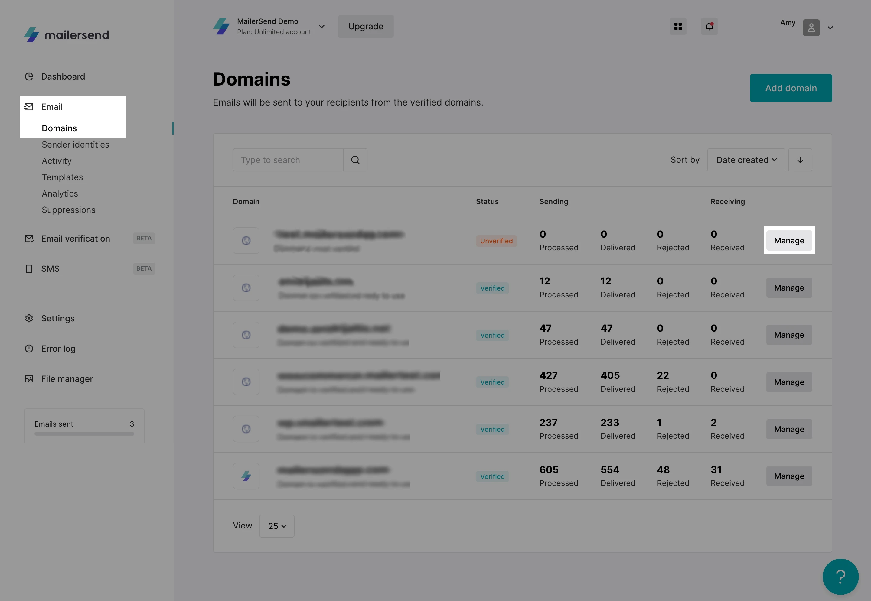 Domains page in MailerSend