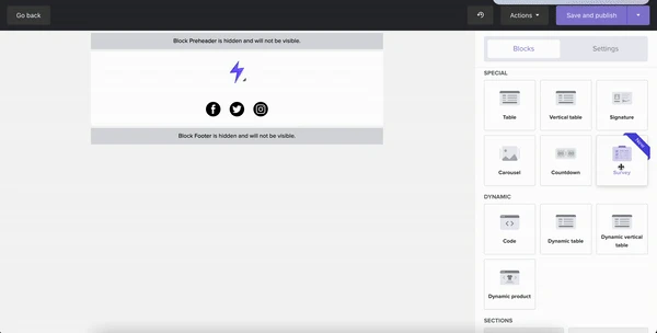 An animated image showing the survey block in MailerSend's drag and drop editor.