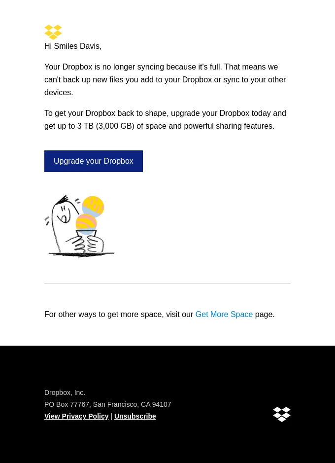 dropbox account notification transactional email example