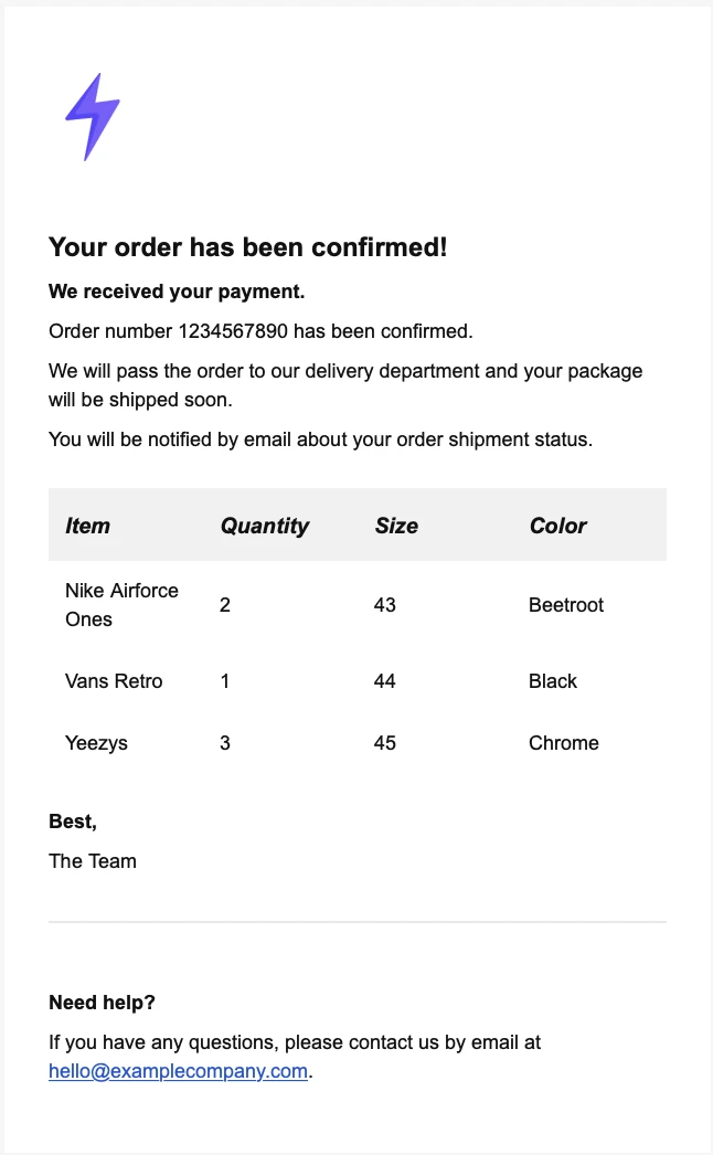 An email example showing a dynamic table as a result of the previous API call.