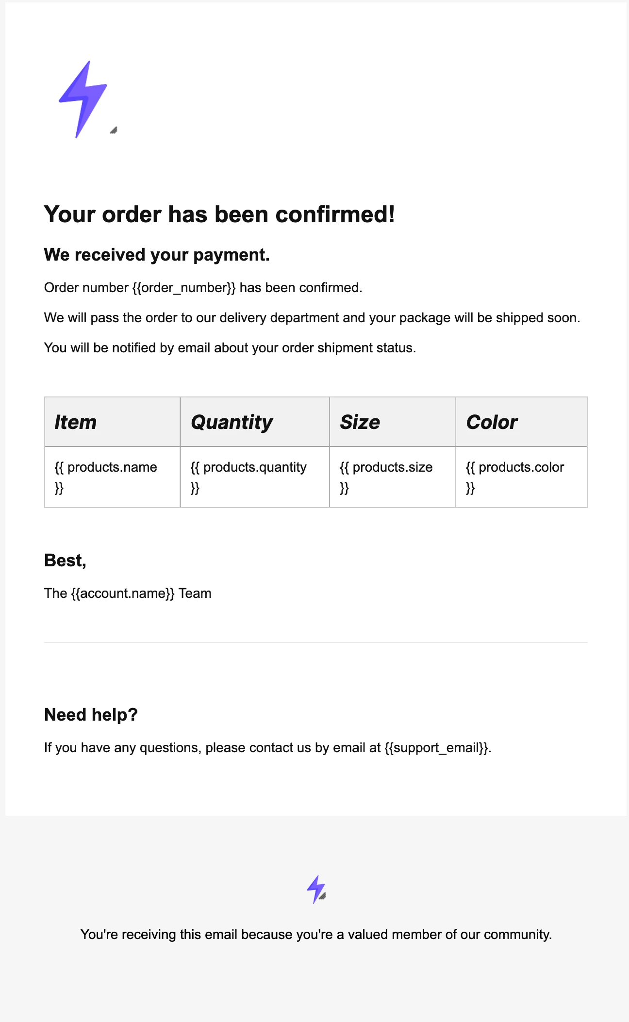 Example of an order confirmation emails that uses a dynamic template.