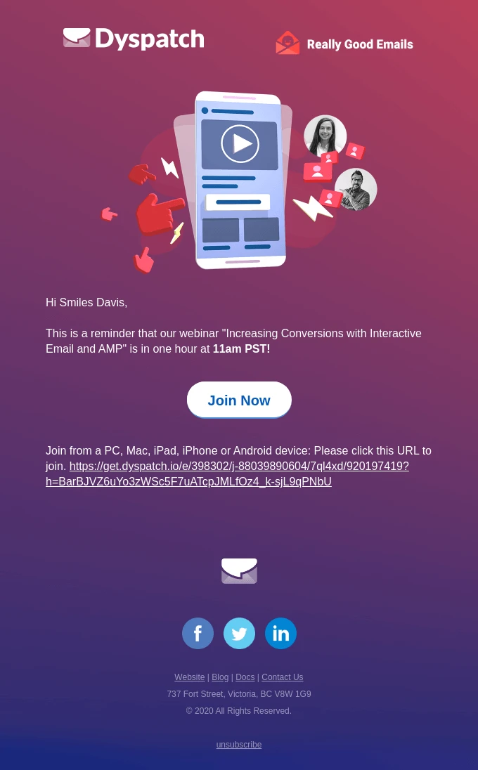 An event reminder email from Dyspatch with the reminder message, CTA, and link to the event.
