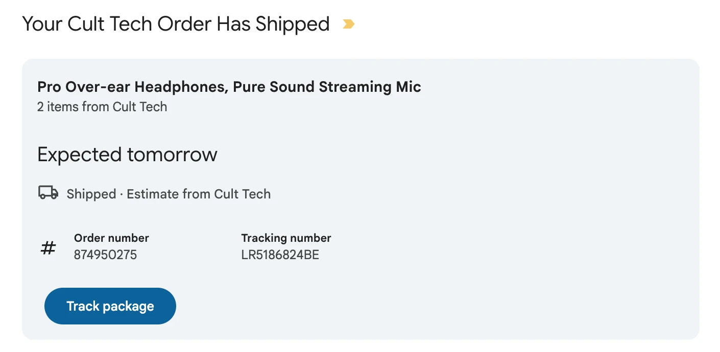 An example of an e-commerce order highlight appearing at the top of an email, with a Track package Action