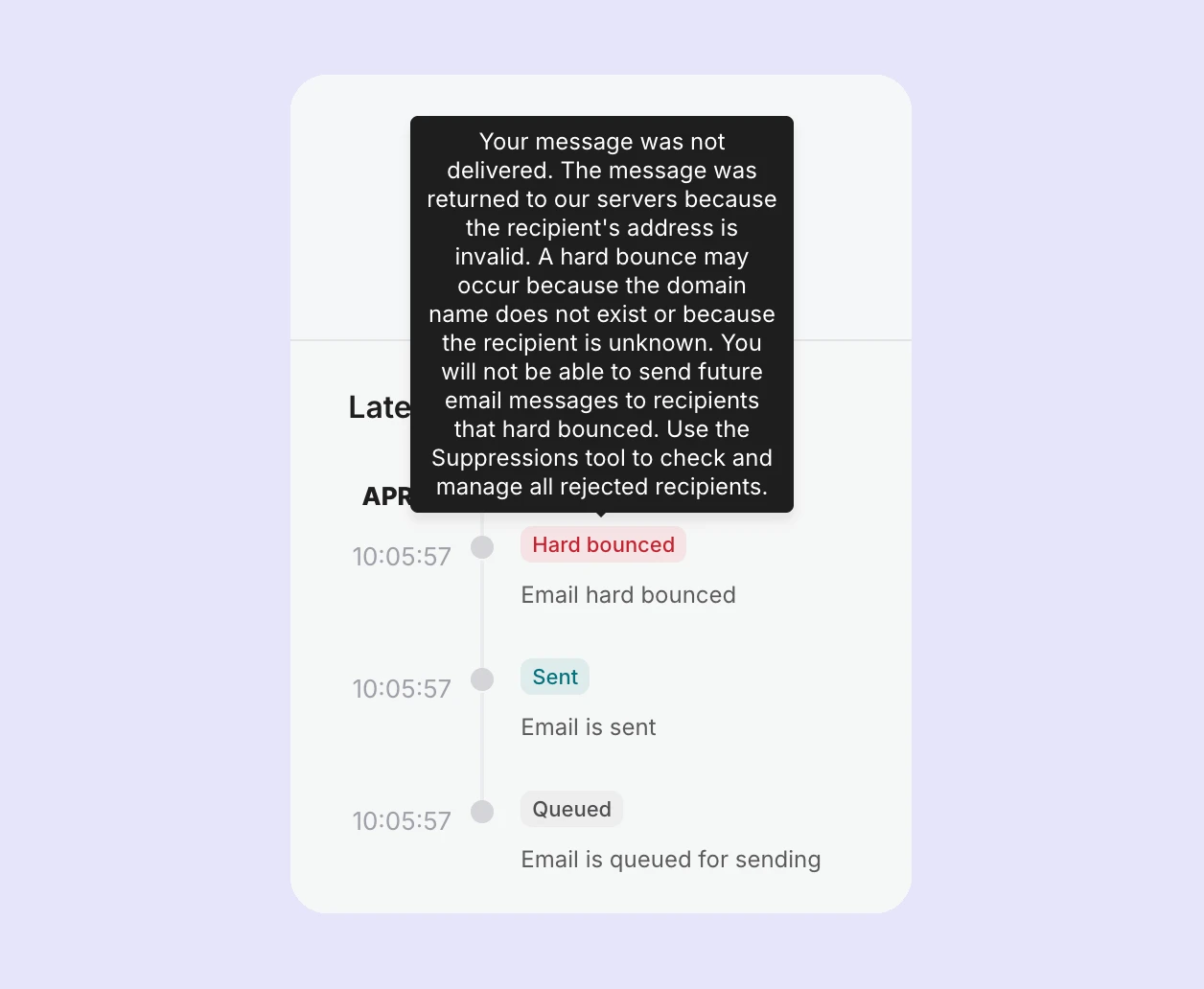 The email activity timeline showing the extended bounce message. 