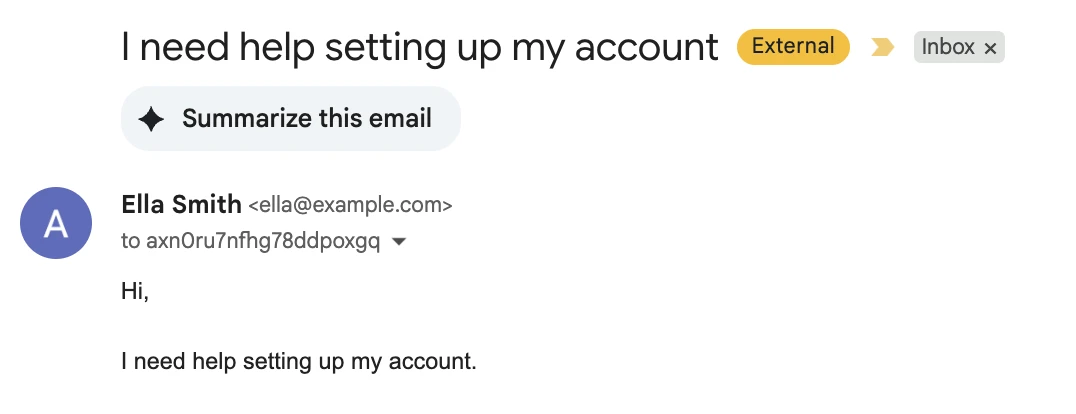 An example on an email sent to an inbound route and appearing in Gmail.