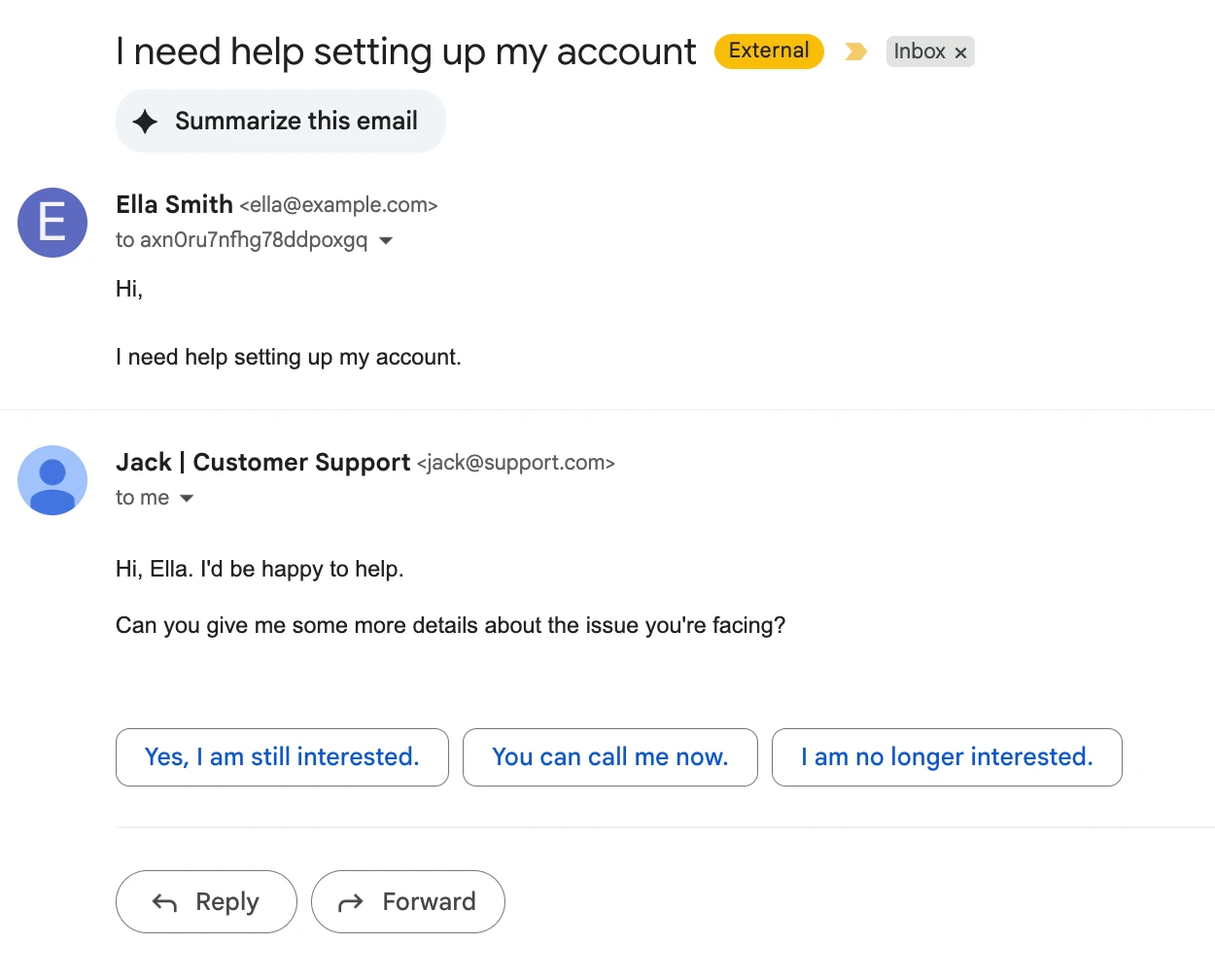 An example of an email reply, sent via the API, appearing in a thread in Gmail.