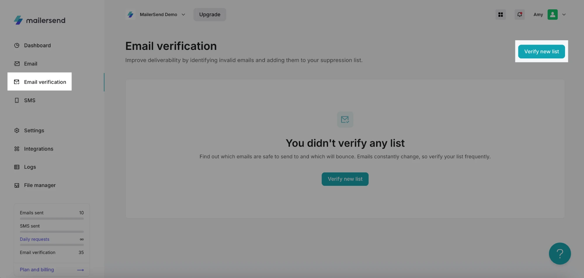 Verify new email list in MailerSend.