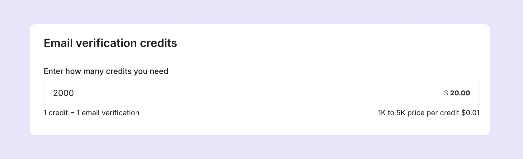 The email verification add-on showing the price of 2,000 credits.