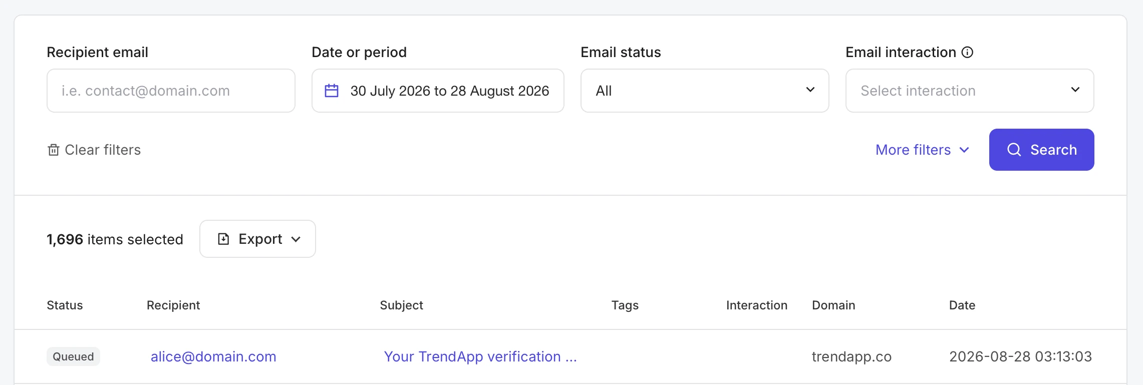 The Emails page in MailerSend showing the status of the test email. 