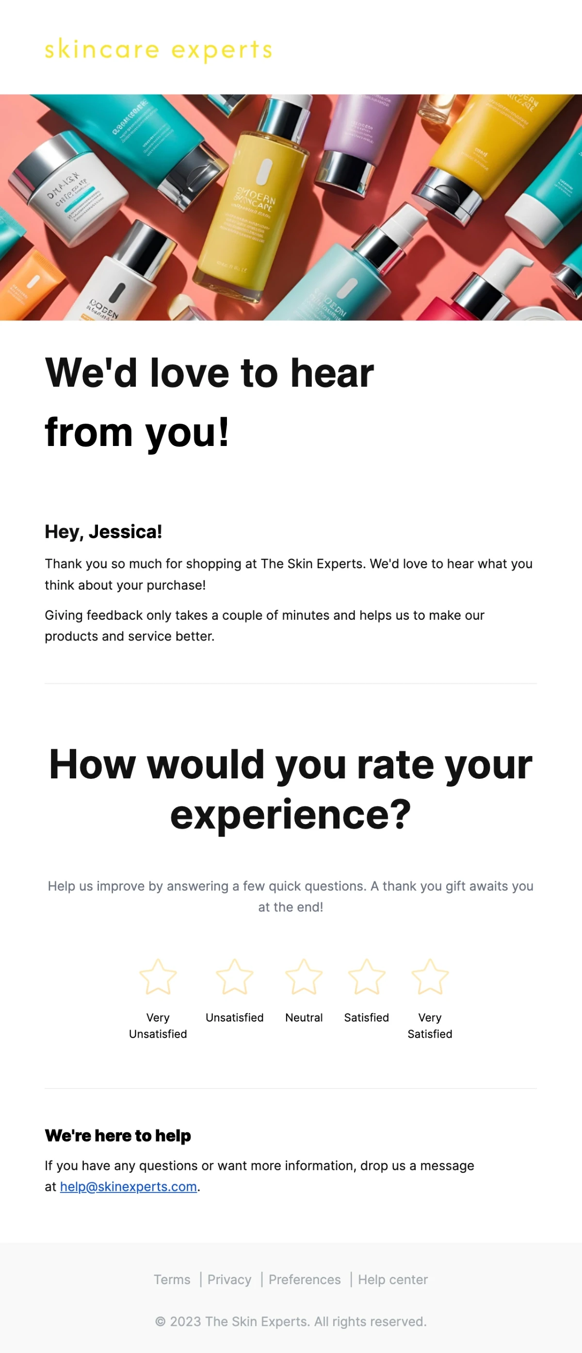 And example of a feedback request email built in MailerSend's drag and drop editor.
