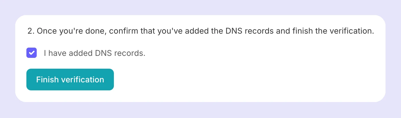 The Finish verification step in MailerSend.