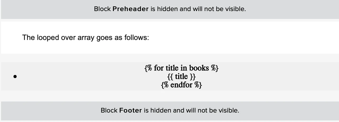 Example of a for loop in an email template.