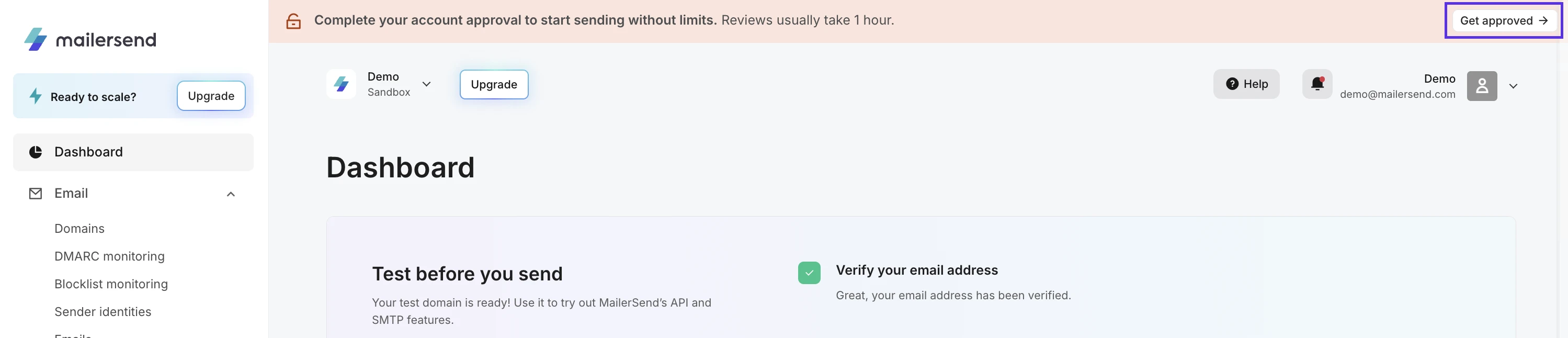 Get approved button on MailerSend dashboard