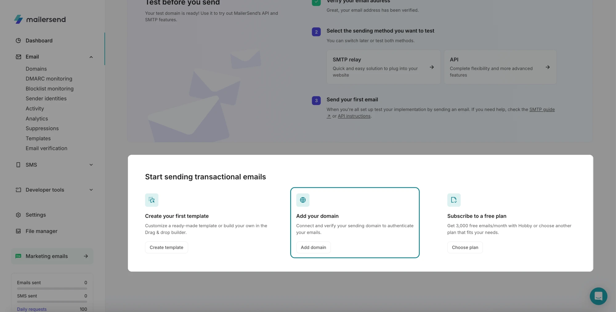 The Add domain option on the Getting Started page in MailerSend. 