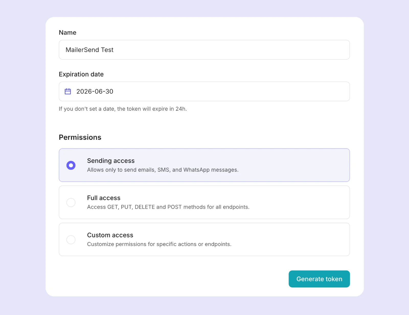 API token creation in MailerSend. 
