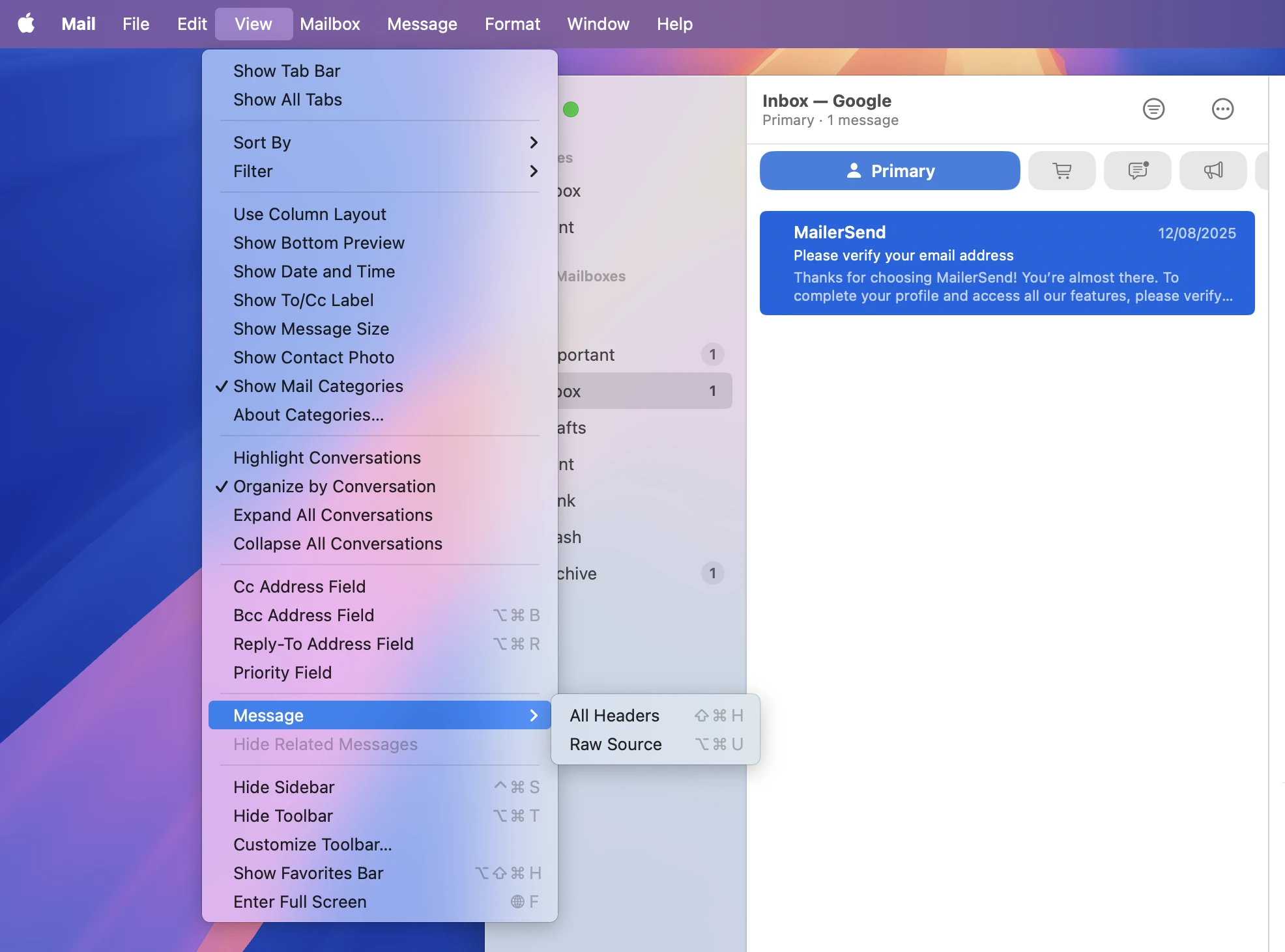 A screenshot showing how to view email headers in Apple Mail.