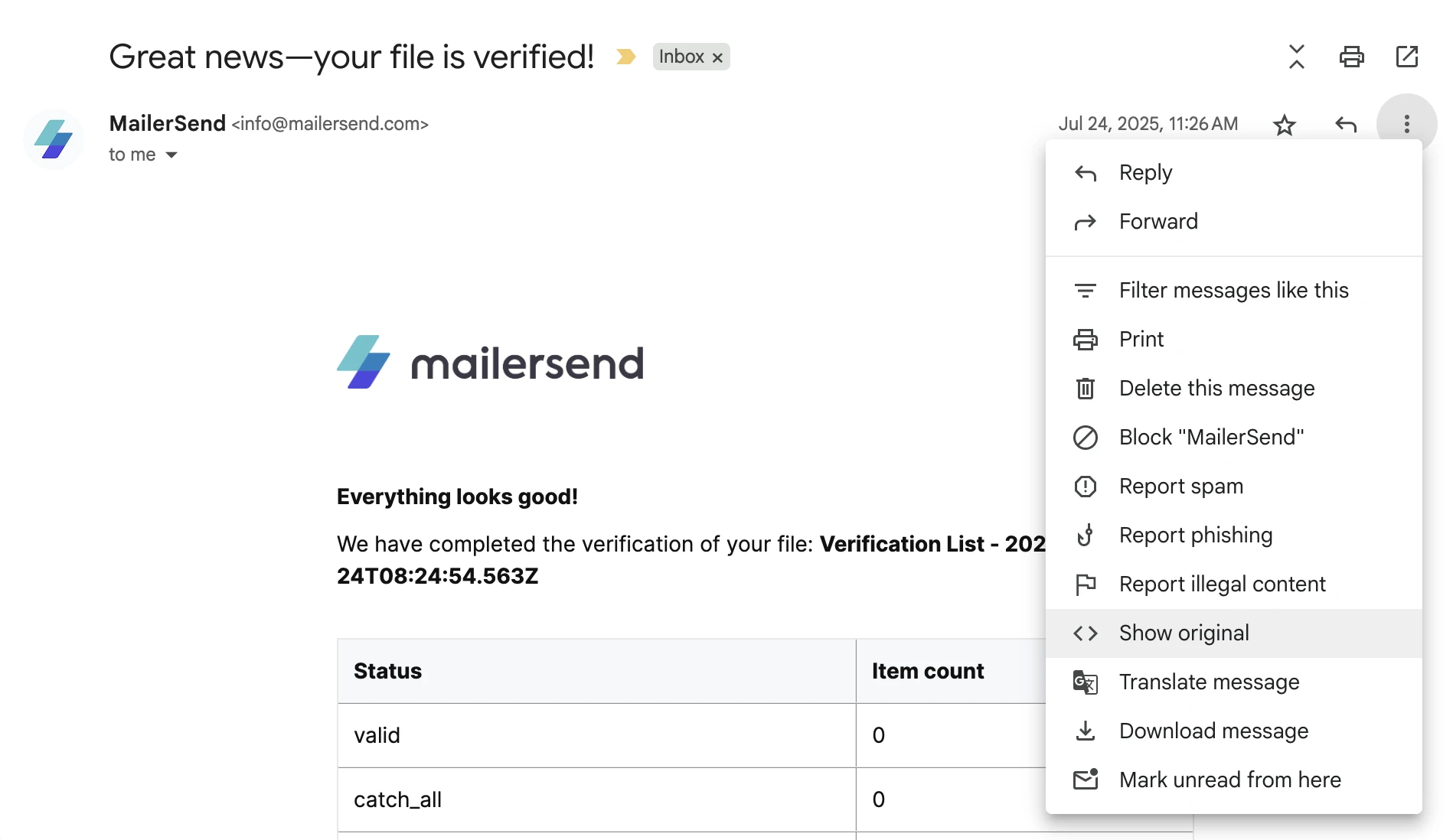 A screenshot showing how to view headers in Gmail.