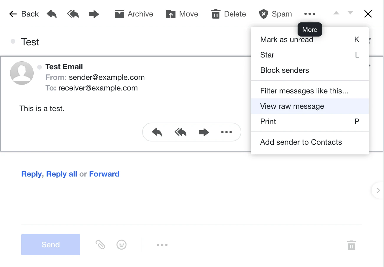 A screenshot showing how to view email headers in Yahoo Mail.