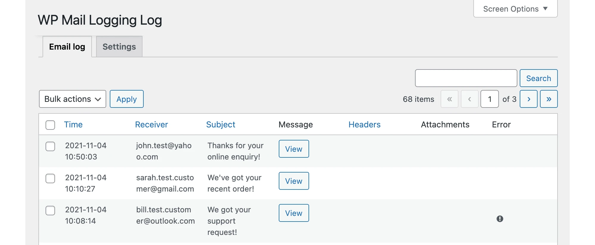 WP Mail Logging error