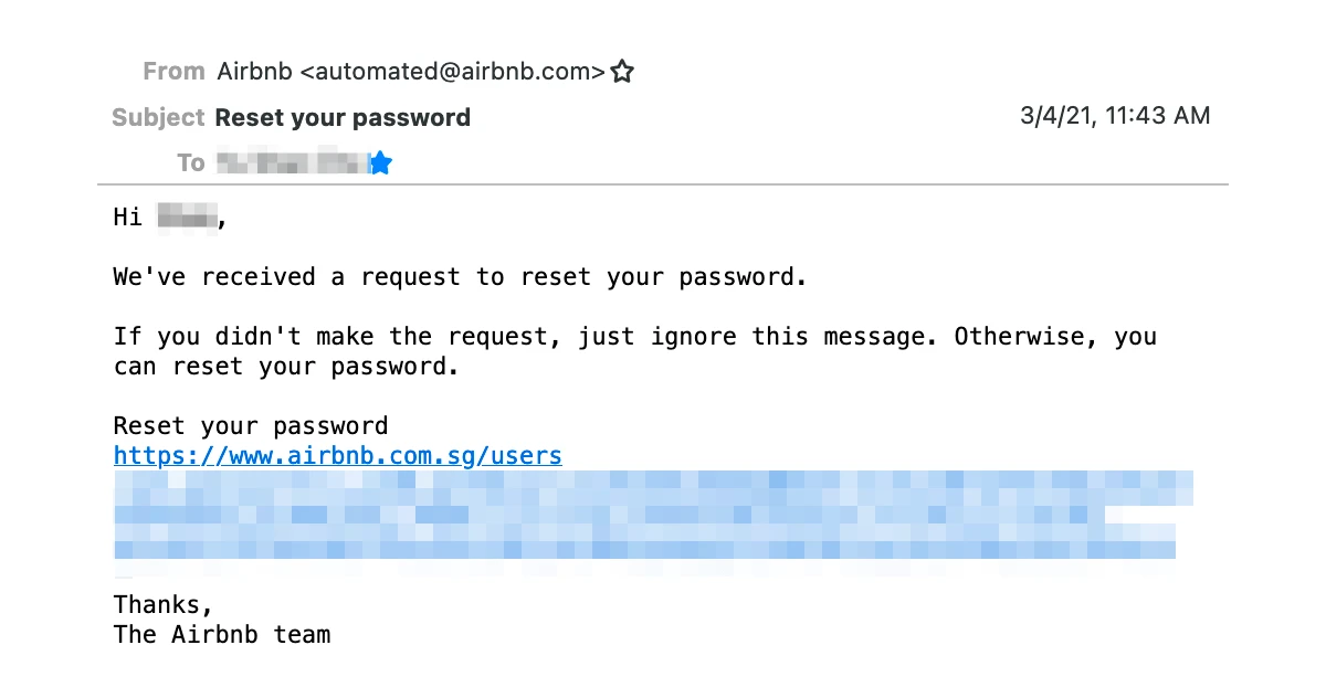 Airbnb plain text password reset email