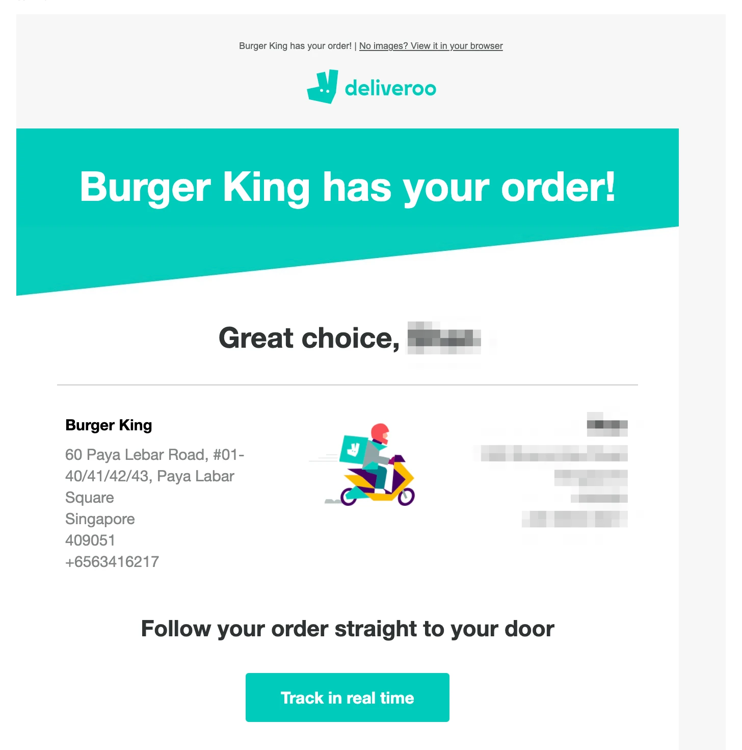 Deliveroo order confirmation
