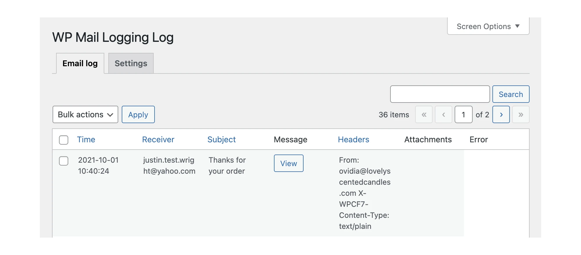 WP Mail Logging log