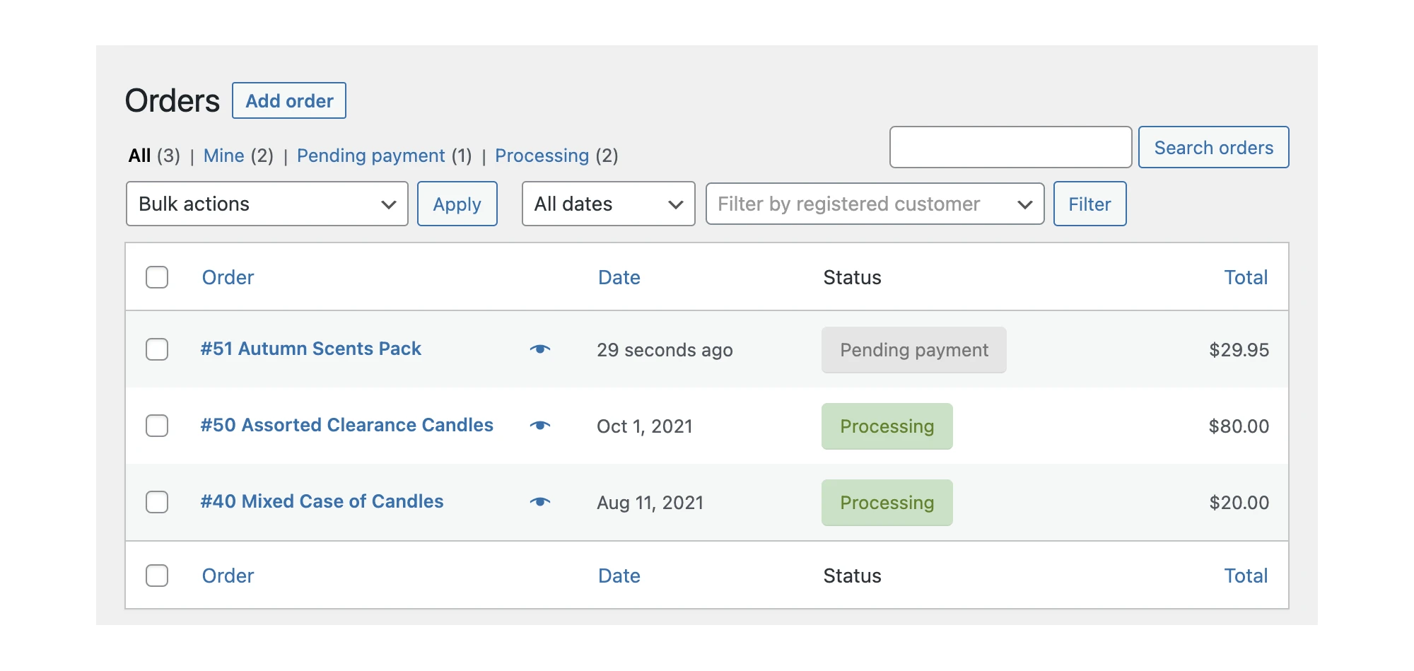 Orders page