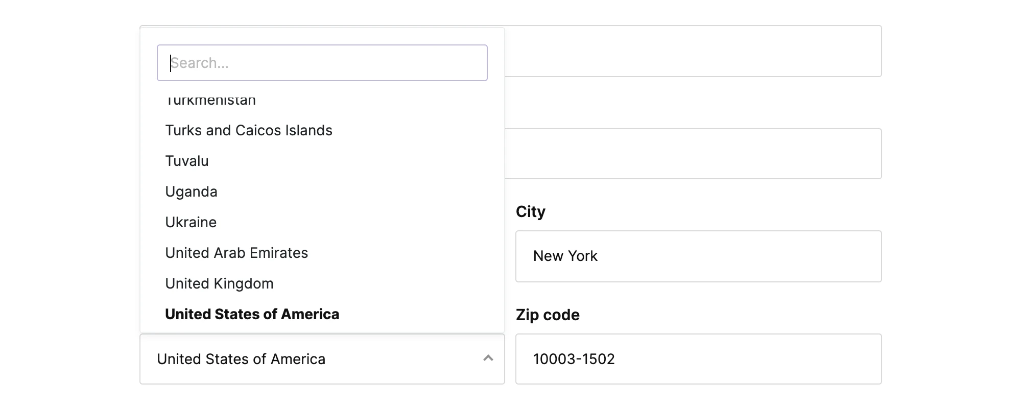Country drop-down list