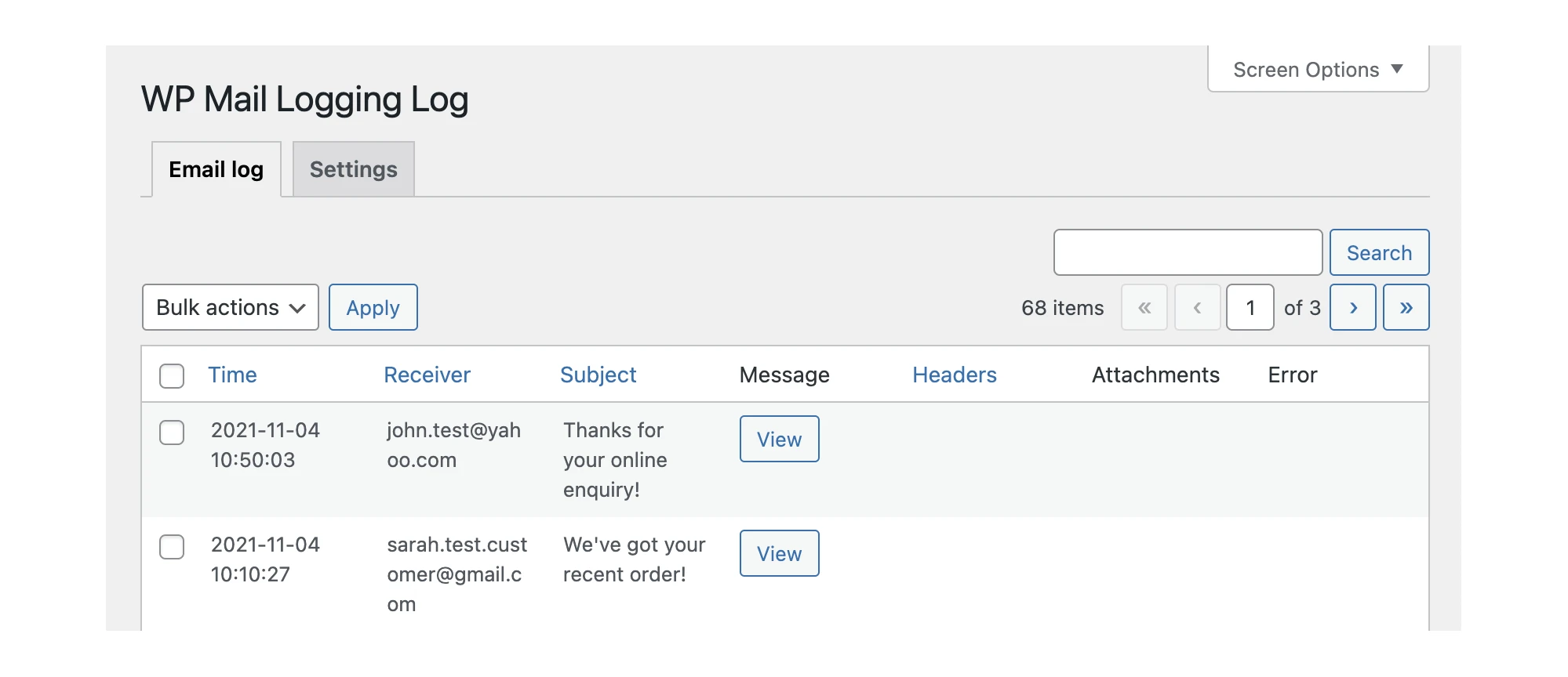 WP Mail Logging log
