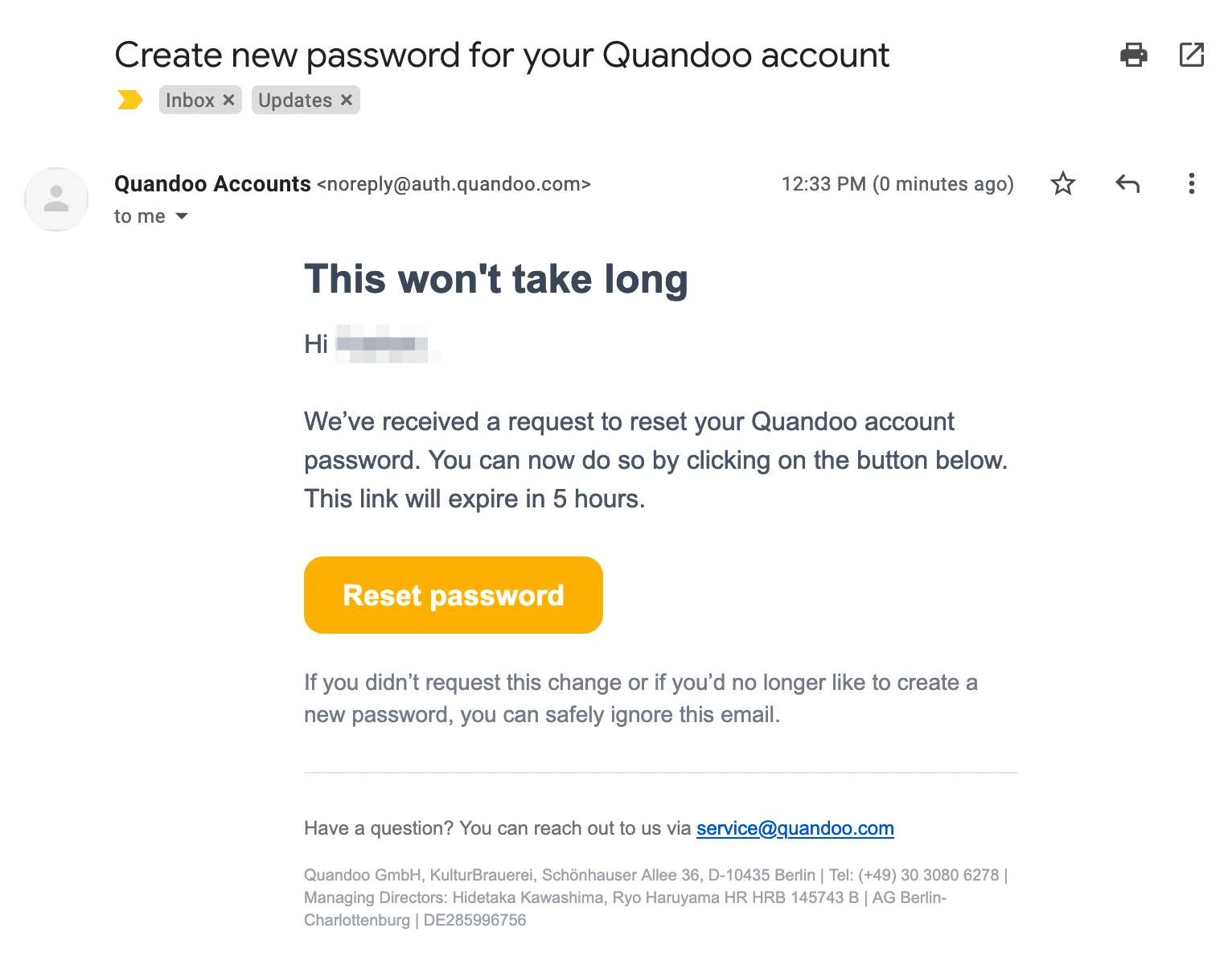 Quandoo password reset email