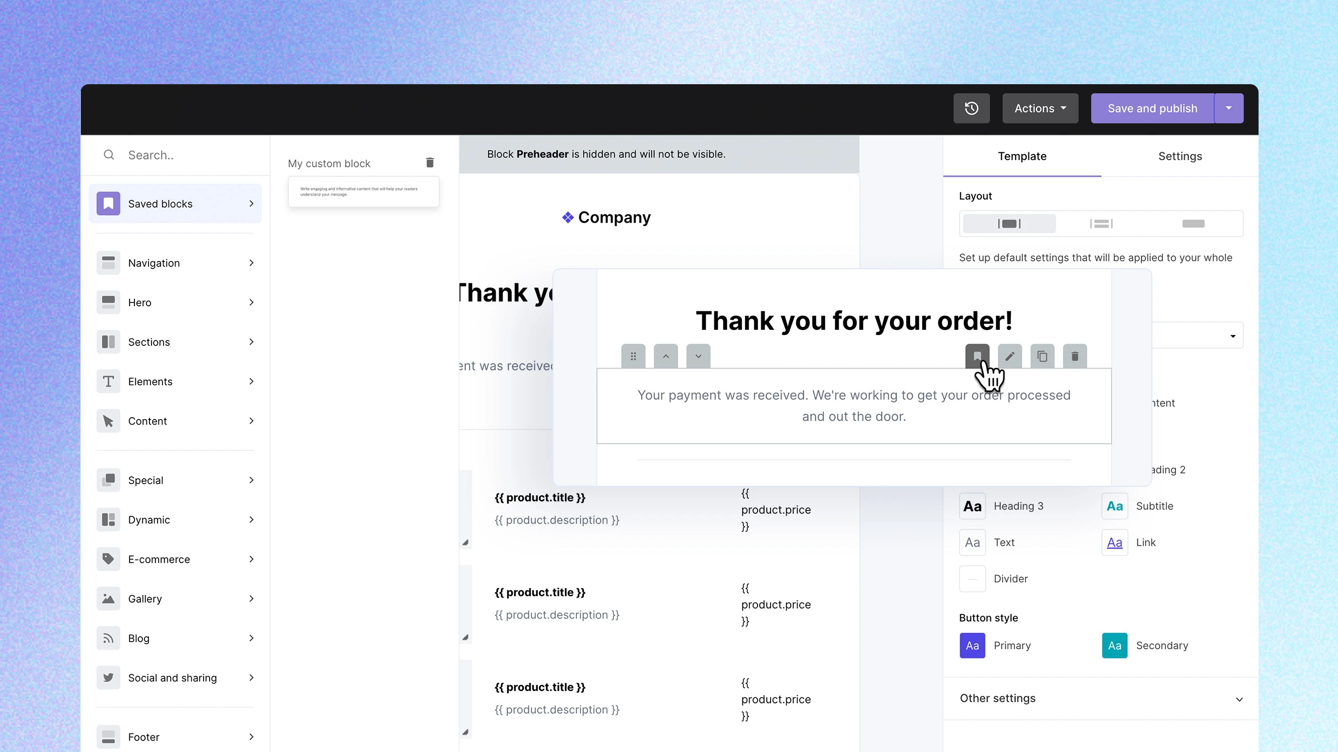 A screenshot of the MailerSend Drag & drop email editor highlighting the ability to save custom blocks.