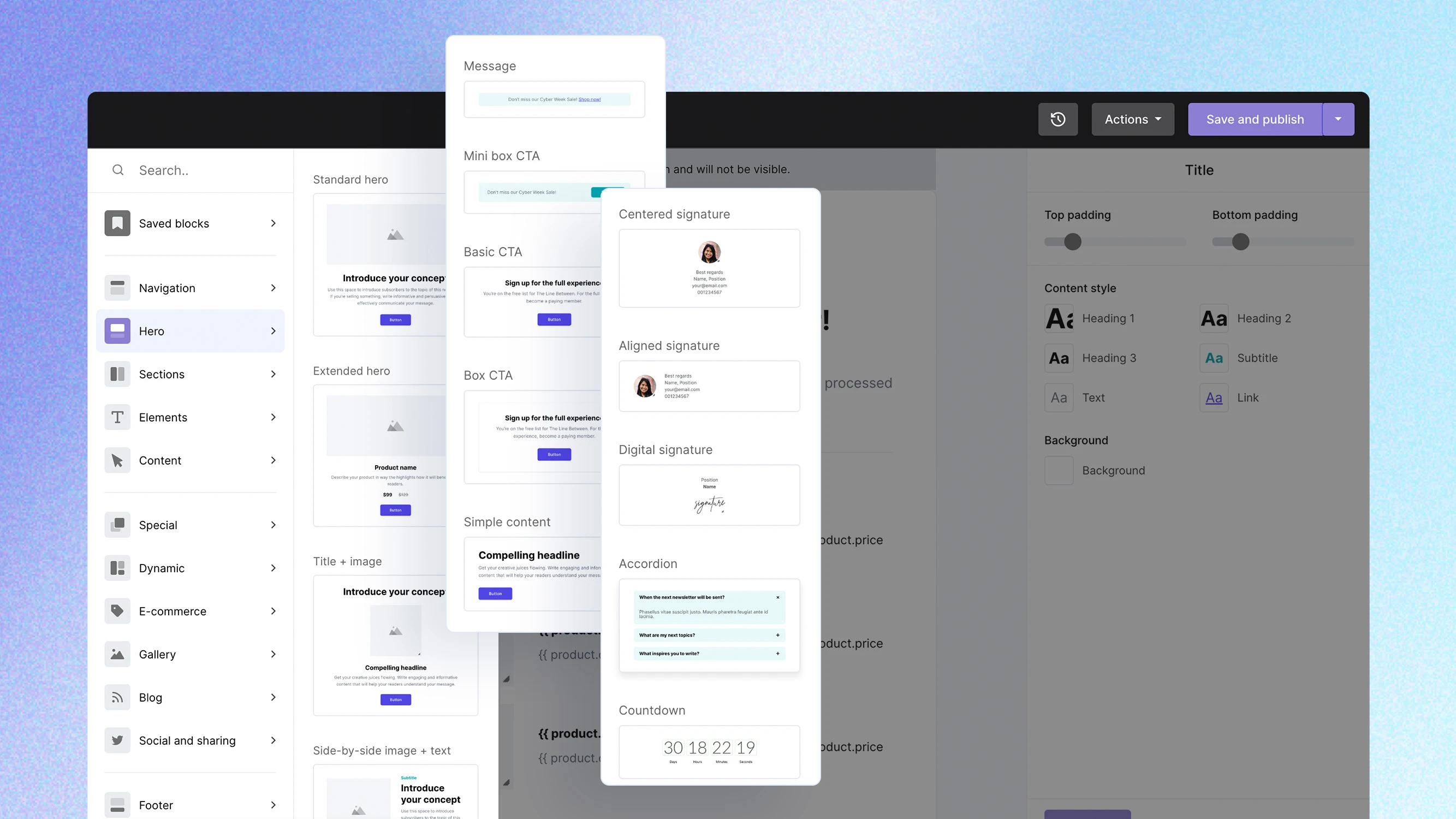 A screenshot of the MailerSend Drag & drop email builder highlighting the new pre-built content blocks. 