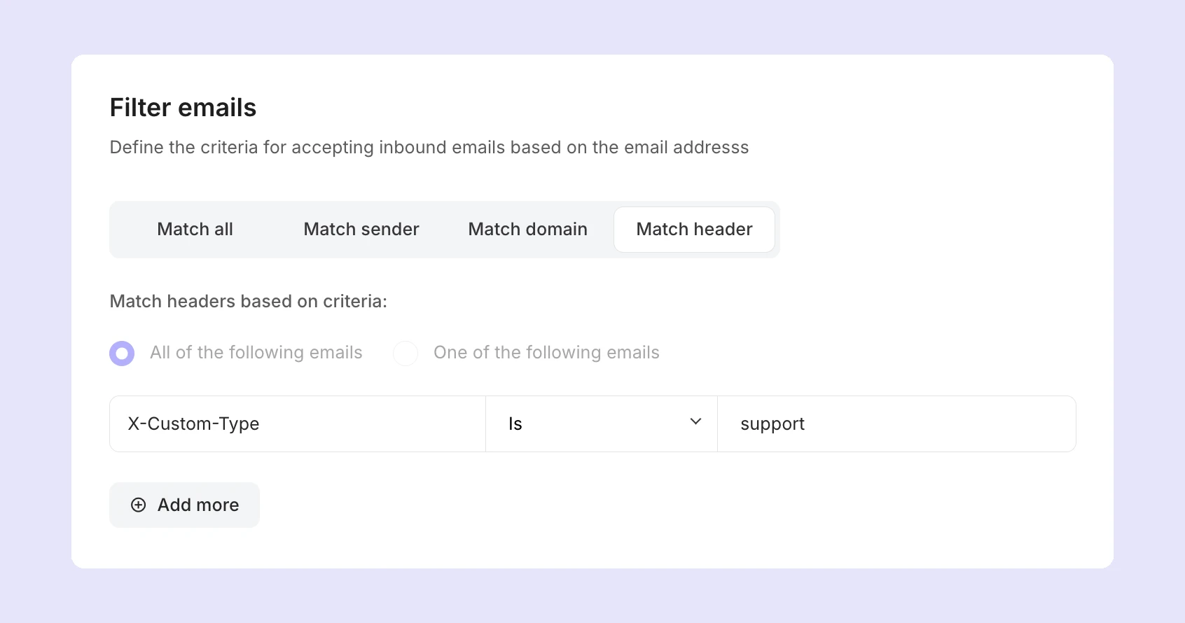 The inbound route filtering by header option in MailerSend.