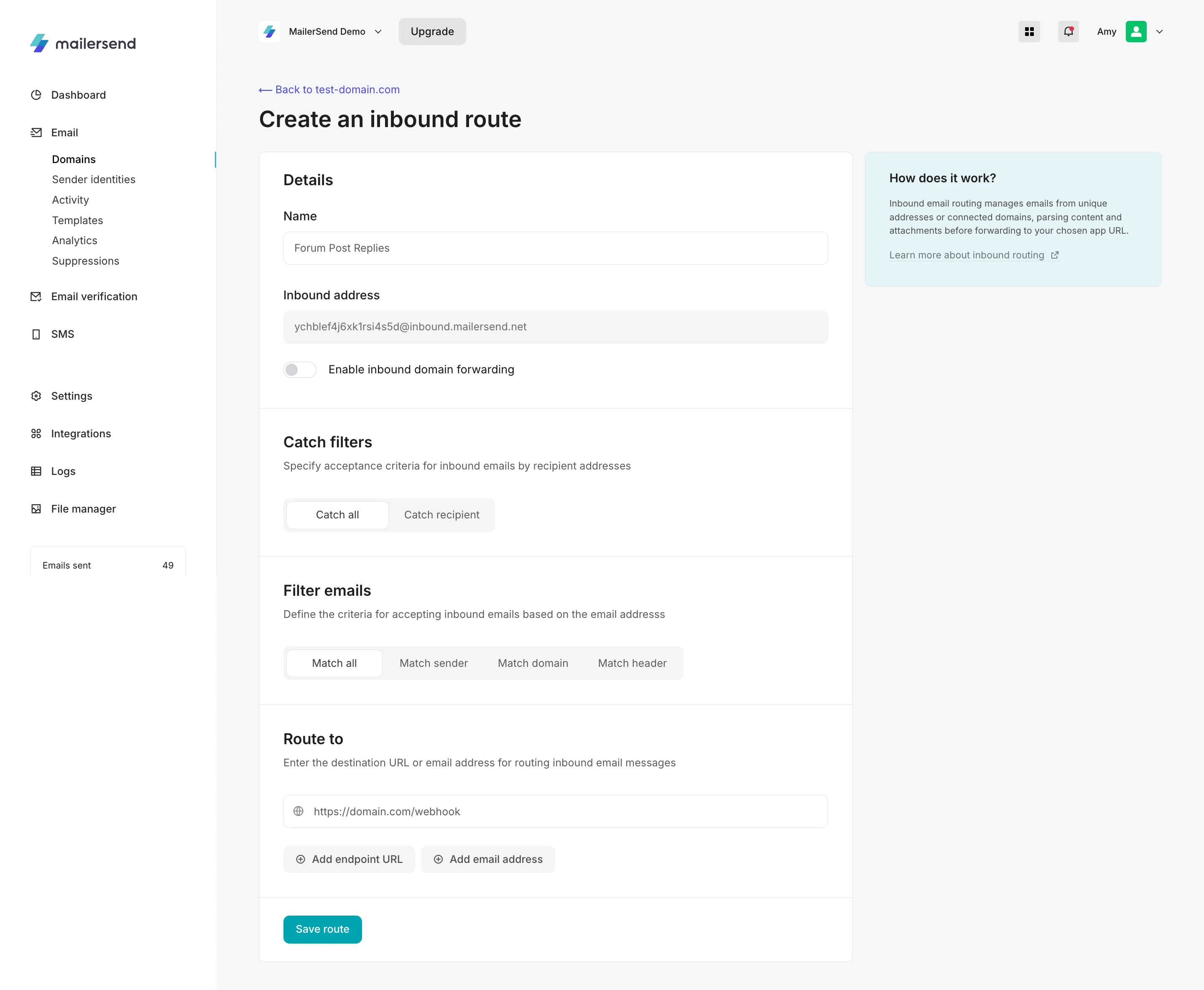 Page for creating an inbound route in MailerSend.