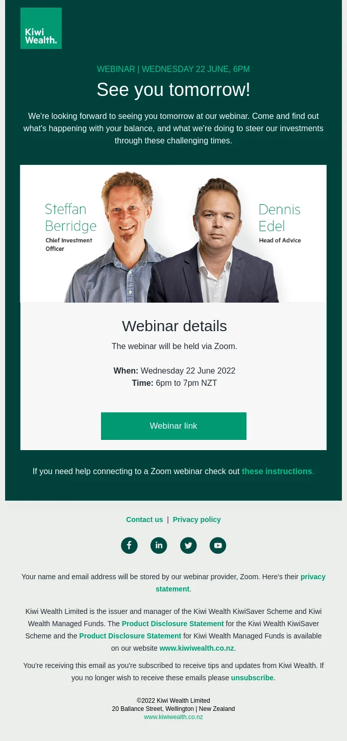An event reminder email from Kiwi Weath with a heading