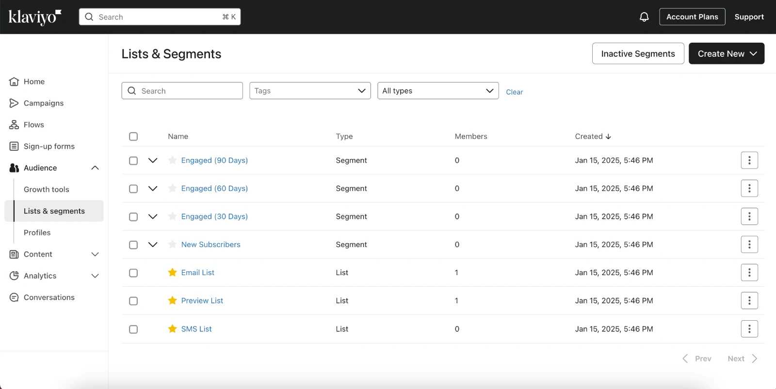 Klaviyo's lists and segments page in the app.