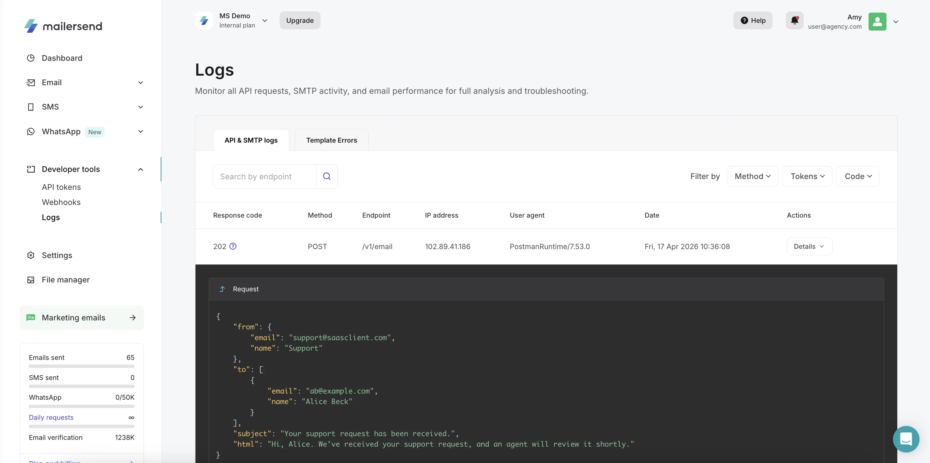 The API & SMTP logs page with the logged request visible.
