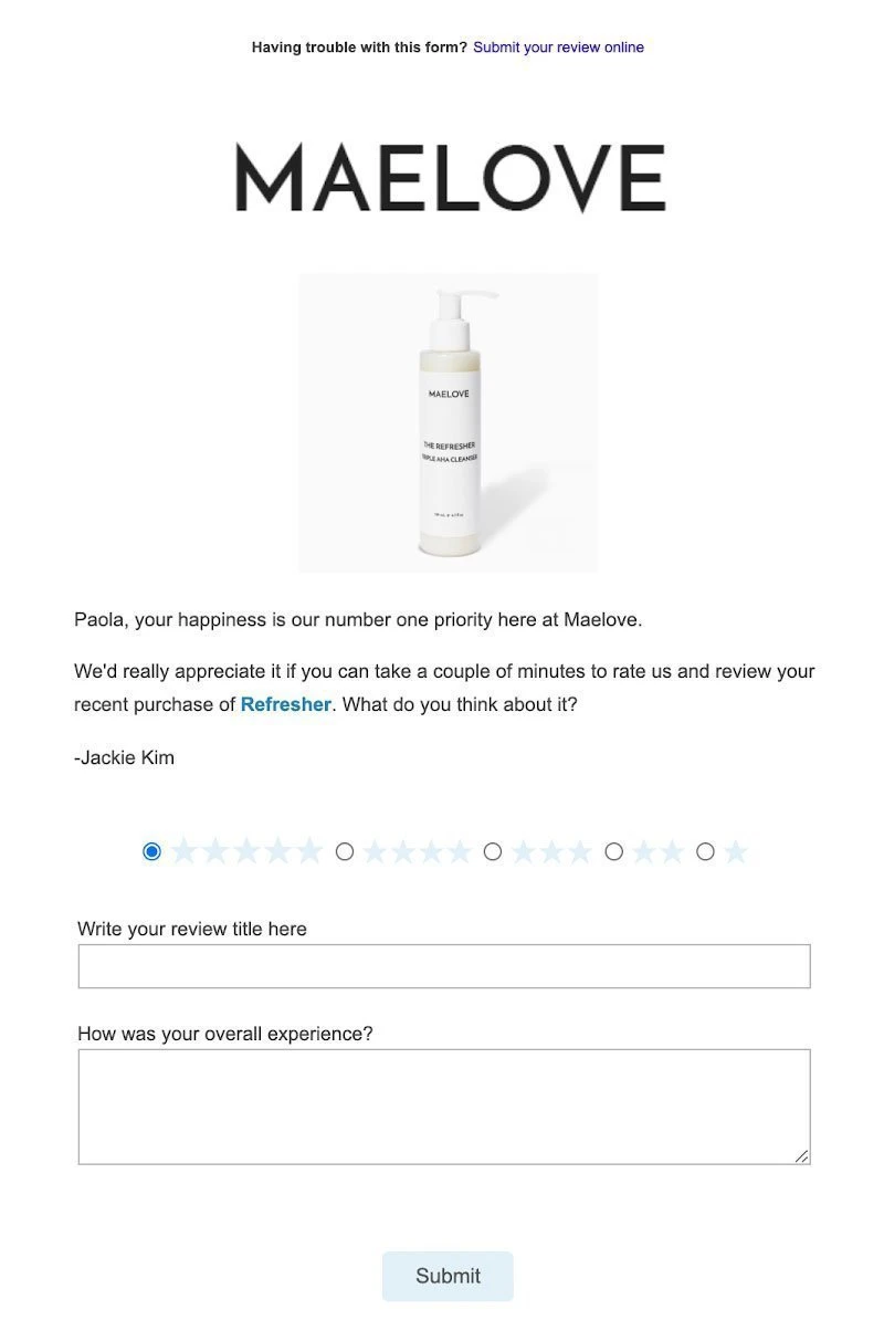 A customer feedback email example from Maelove.