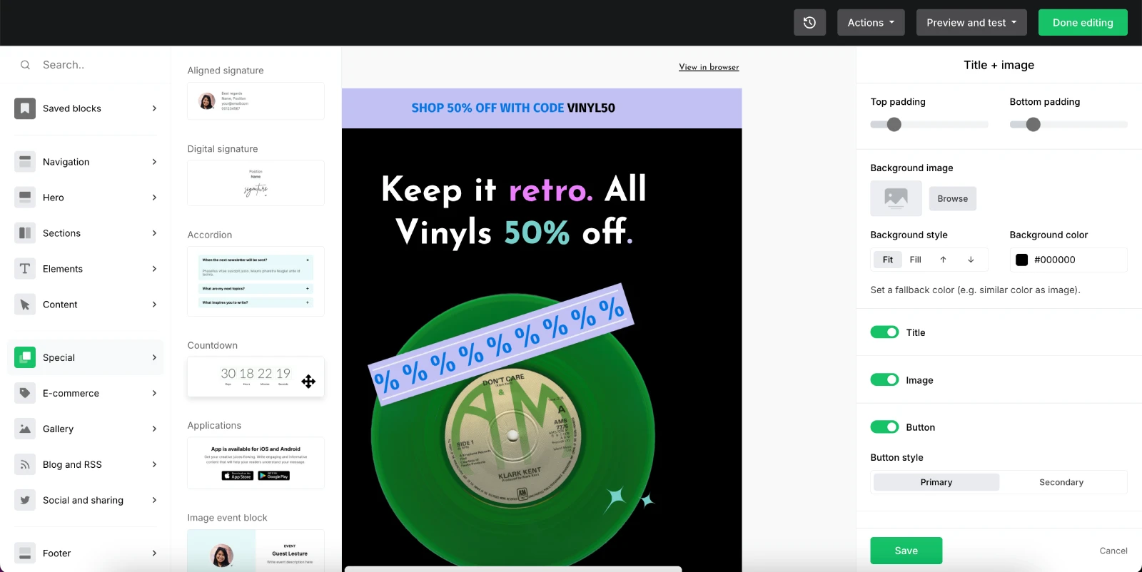 The MailerLite Drag & drop editor interface.
