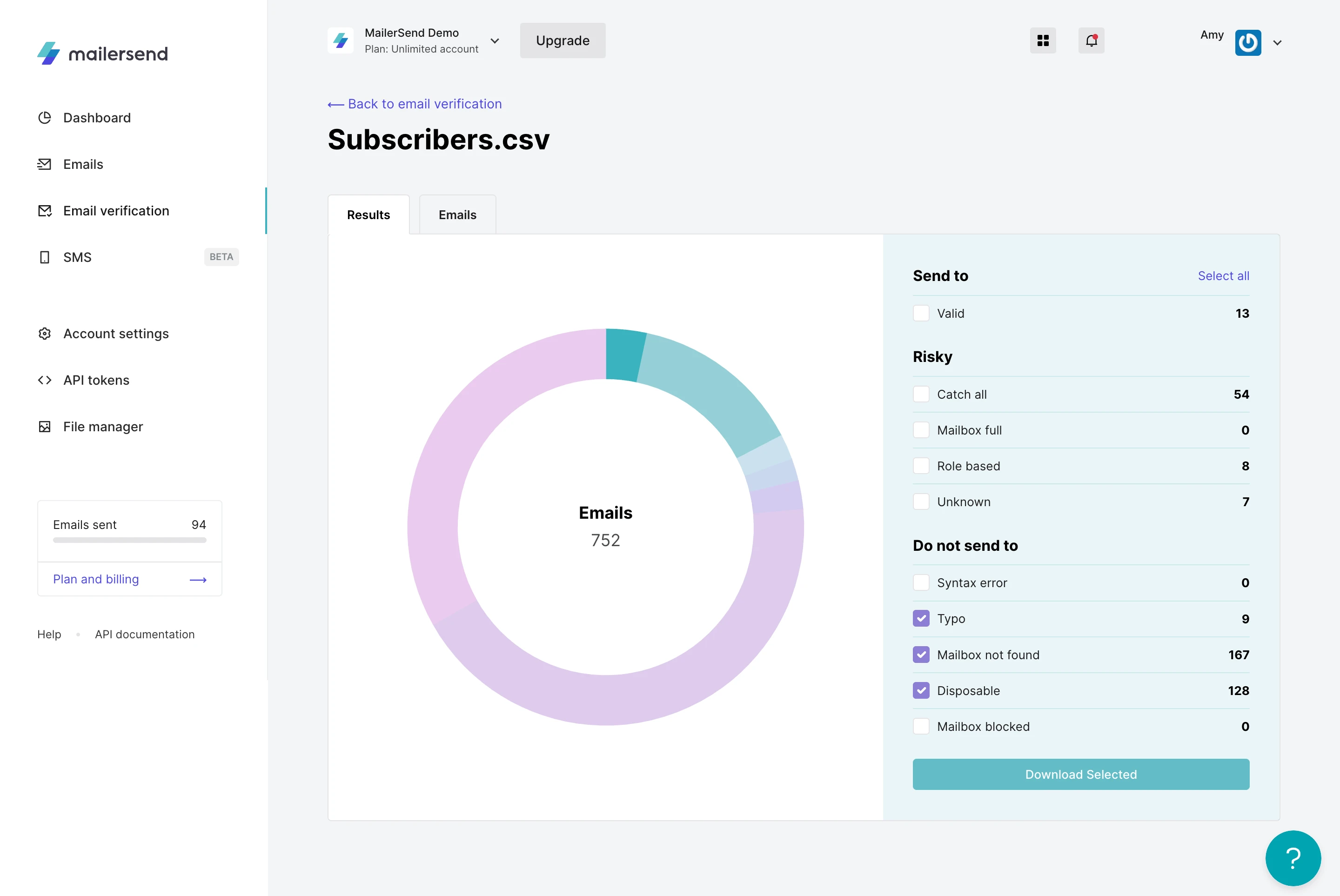 A screenshot of email verification results in MailerSend.