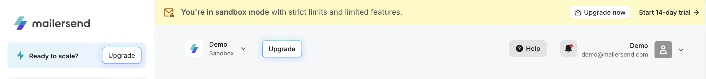 Sandbox mode banner offering the user the option to start a 14-day trial or upgrade to a plan