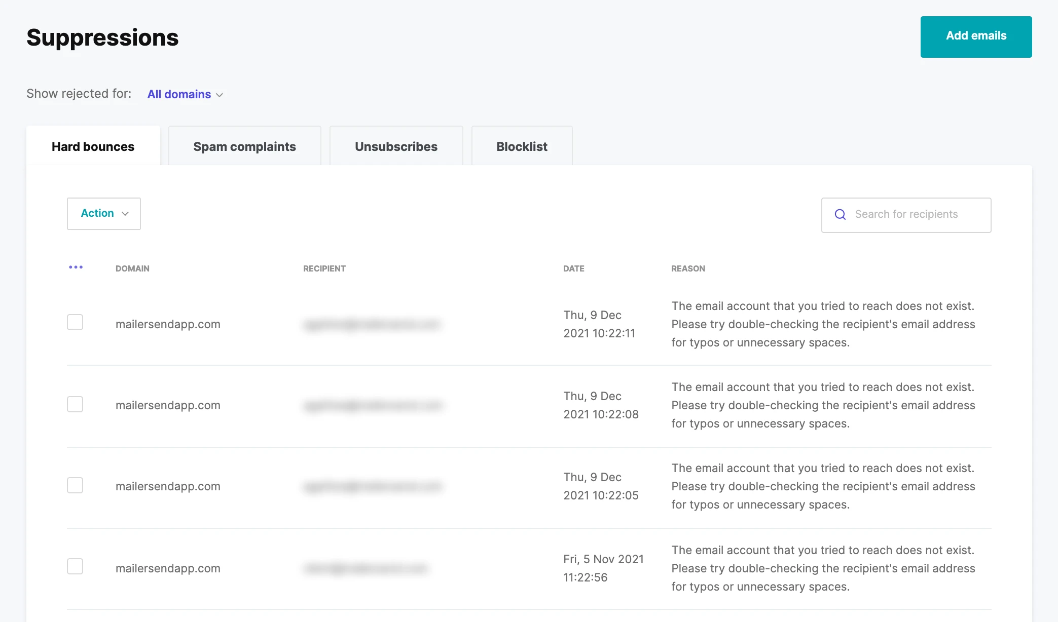 mailersend suppressions list interface