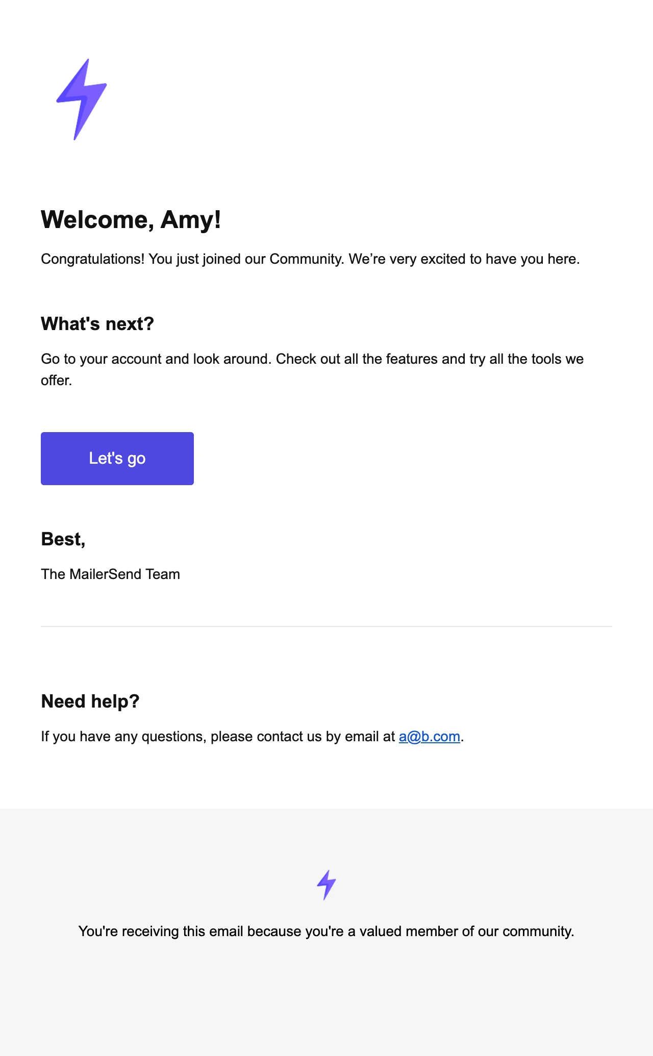 screenshot of transactional welcome email template