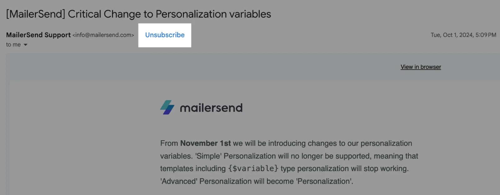 An example of an email in Gmail with the Unsubscribe option enabled by the List-Unsubscriber header.