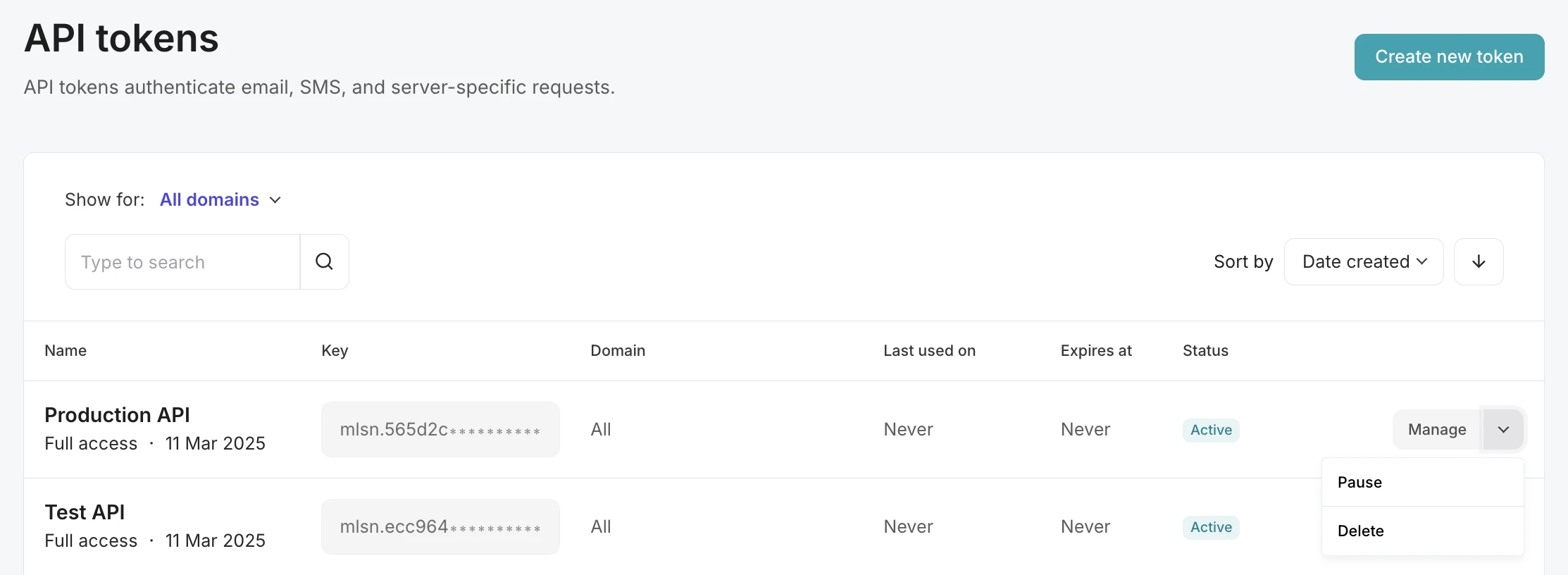 View of the API token management section with the available options.