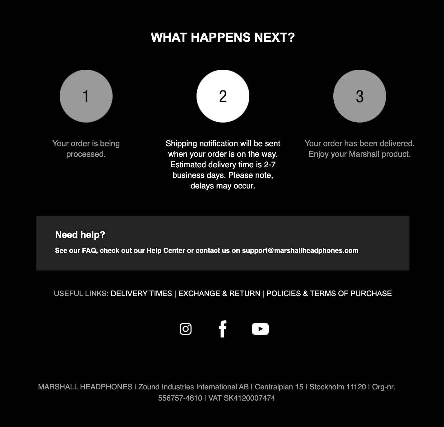 An example of a shipping confirmation email closing from Marshall.