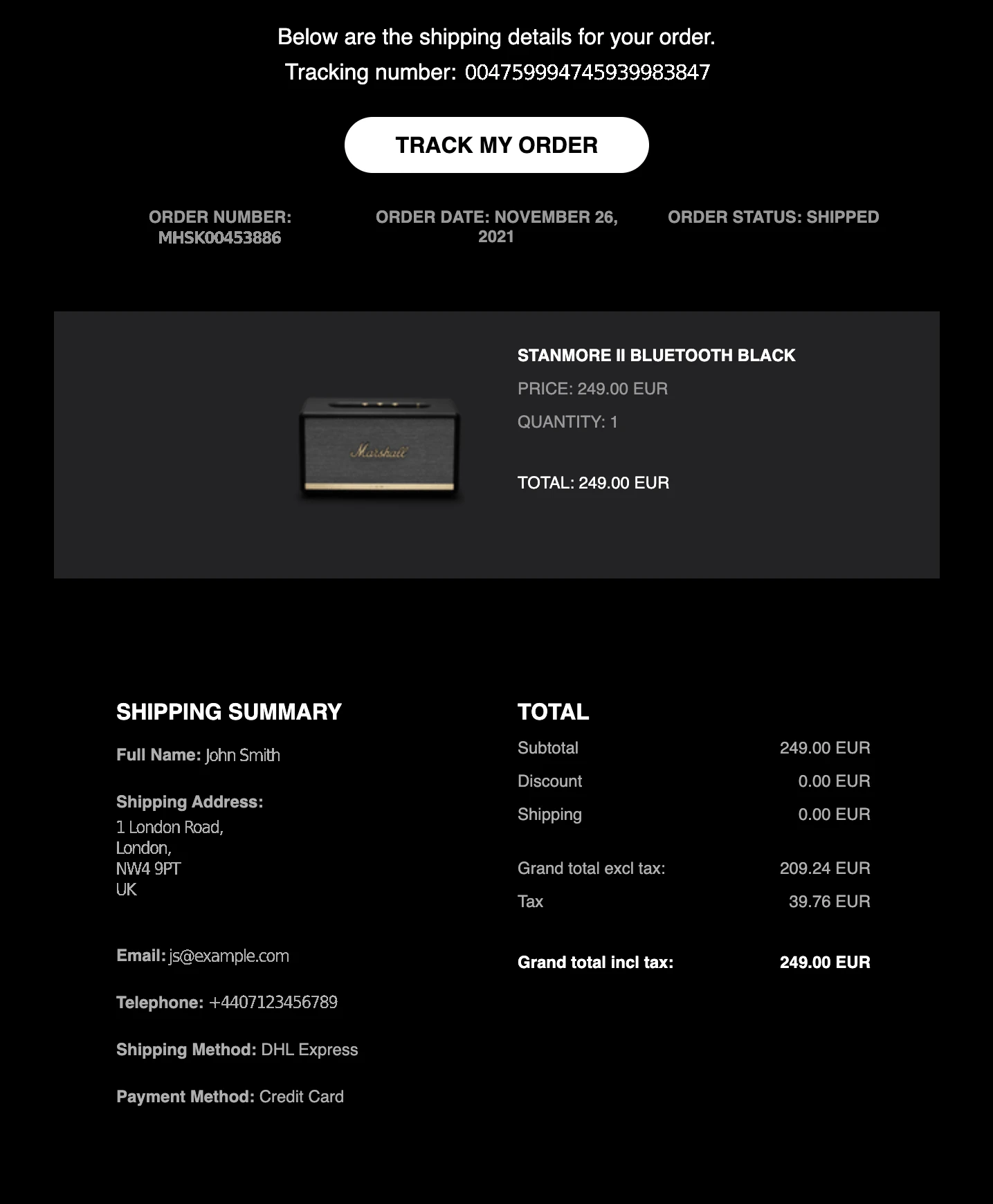 An example of the shipping information in a shipping email from Marshall.